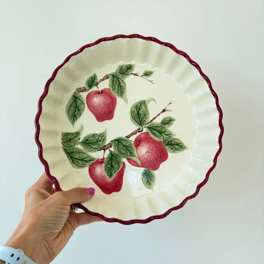 Vintage Ceramic Apple Orchard Fluted Tart Pan Quiche Dish Red Burgundy 10 Inch